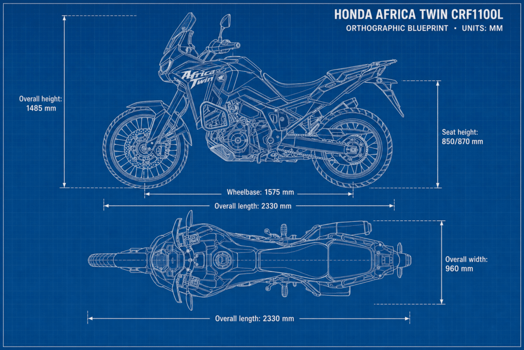 Blueprint — Honda Africa Twin 1100 Honda Africa Twin 1100 orthographic blueprint with dimensions in millimetres