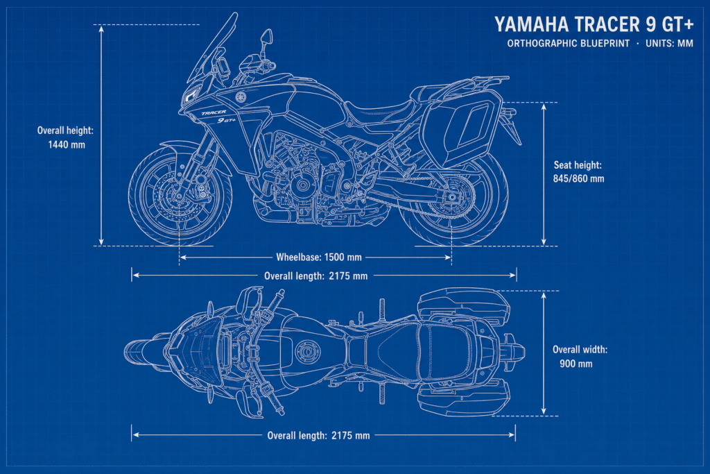 Blueprint — Yamaha Tracer 9 GT+ Yamaha Tracer 9 GT+ orthographic blueprint with dimensions in millimetres